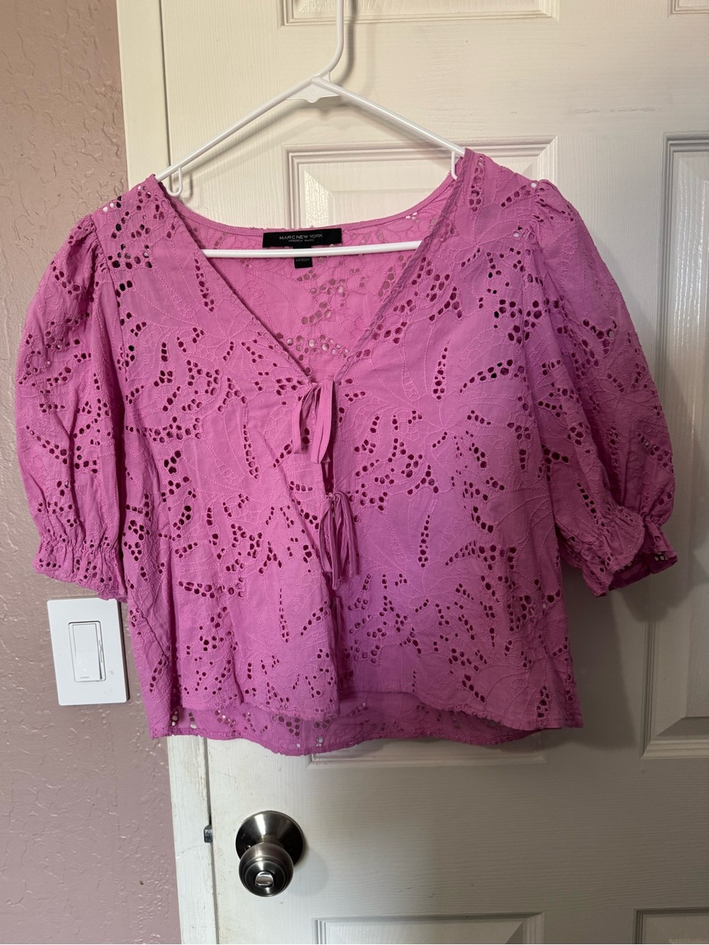 Marc New York Pink Eyelet Tie-Front Puff Sleeve Blouse